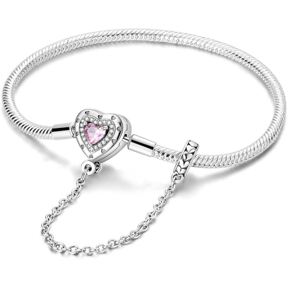 💖 Silver Bracelet with Heart & Pink Gem Crystal size 7.1 inches